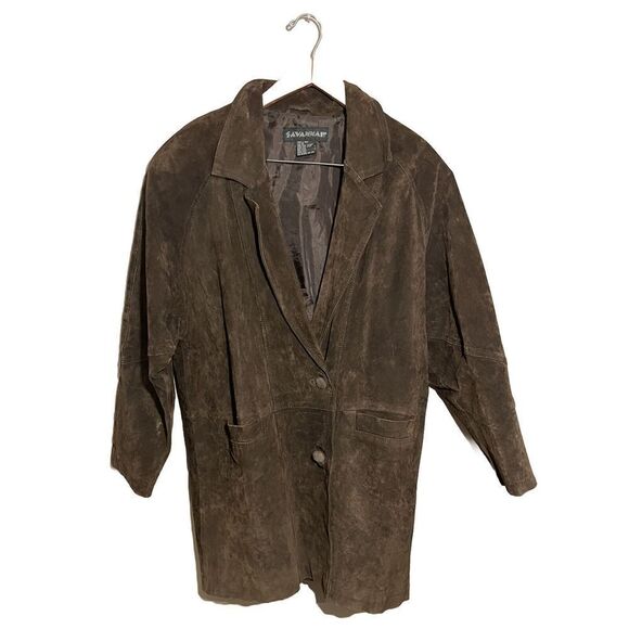 Savannah Retro Leather Coat Womens Medium Brown‎ Button Pockets Oversized Brown - Picture 1 of 7